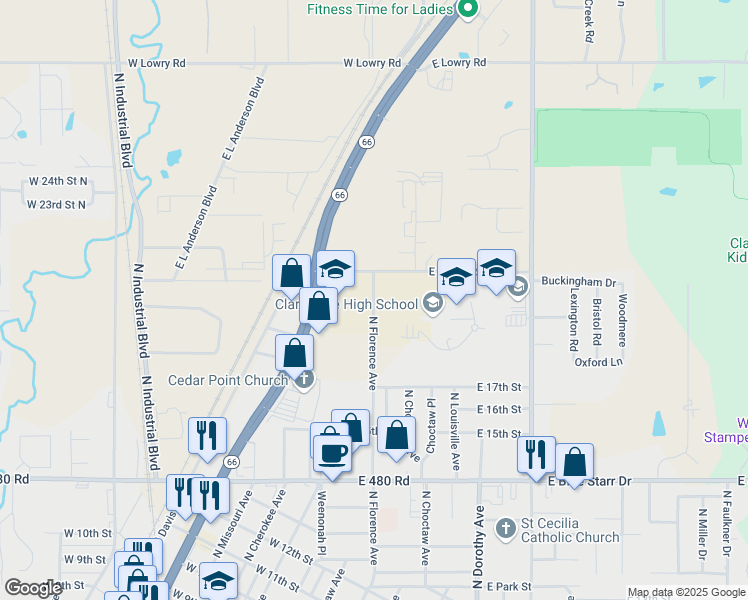 map of restaurants, bars, coffee shops, grocery stores, and more near 1915 North Florence Avenue in Claremore