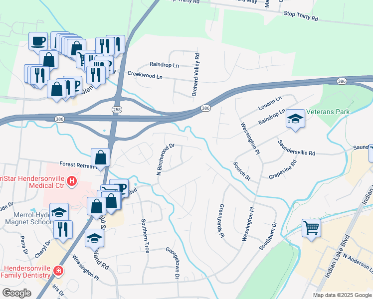 map of restaurants, bars, coffee shops, grocery stores, and more near 316 North Birchwood Drive in Hendersonville
