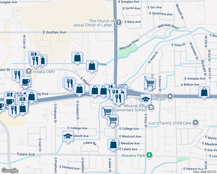 map of restaurants, bars, coffee shops, grocery stores, and more near 354 South Arkle Street in Visalia