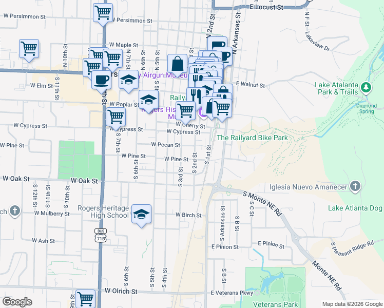 map of restaurants, bars, coffee shops, grocery stores, and more near 206 West Pecan Street in Rogers