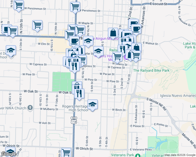 map of restaurants, bars, coffee shops, grocery stores, and more near 520 West Pecan Street in Rogers