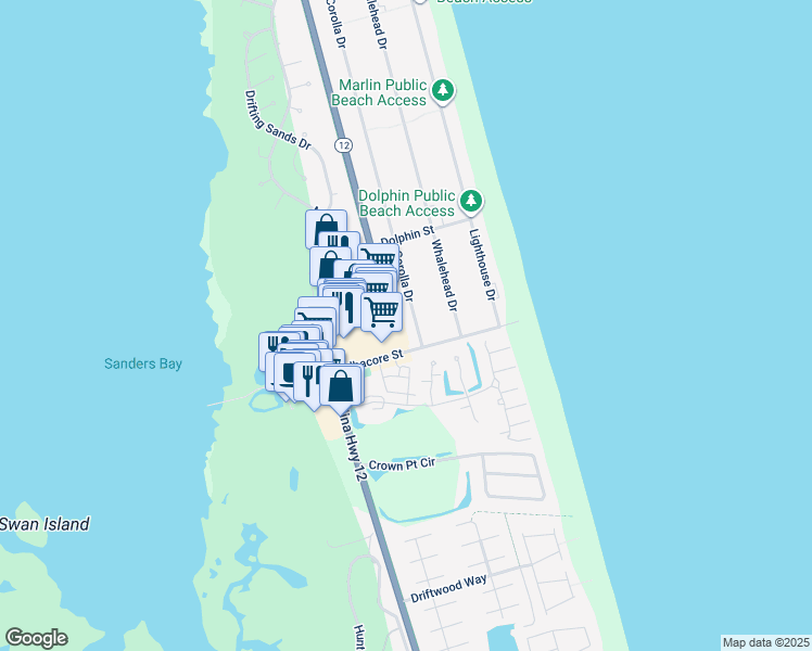 map of restaurants, bars, coffee shops, grocery stores, and more near 804 Corolla Drive in Corolla