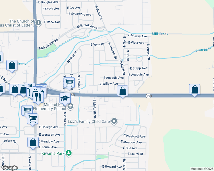 map of restaurants, bars, coffee shops, grocery stores, and more near 3842 East Willow Avenue in Visalia