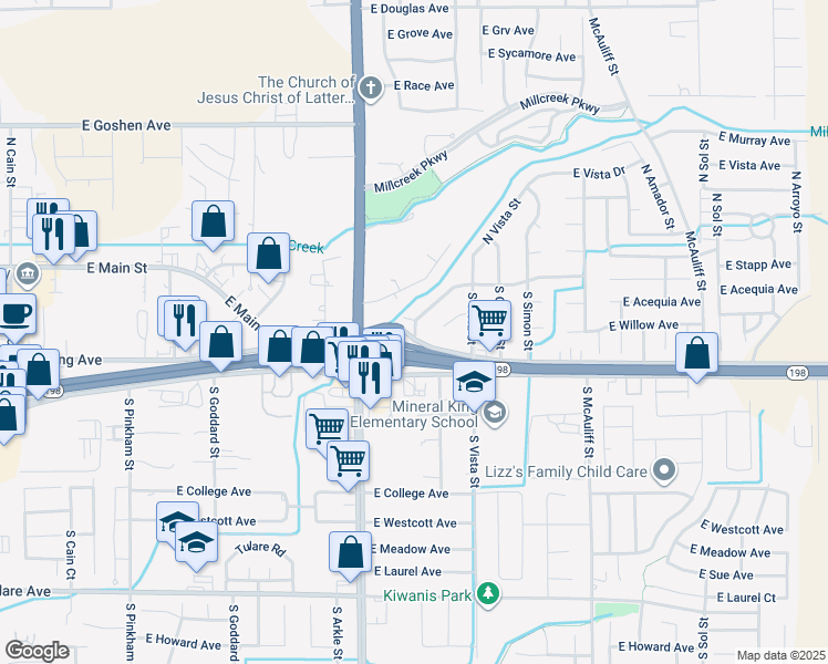 map of restaurants, bars, coffee shops, grocery stores, and more near 3100 East Stapp Avenue in Visalia