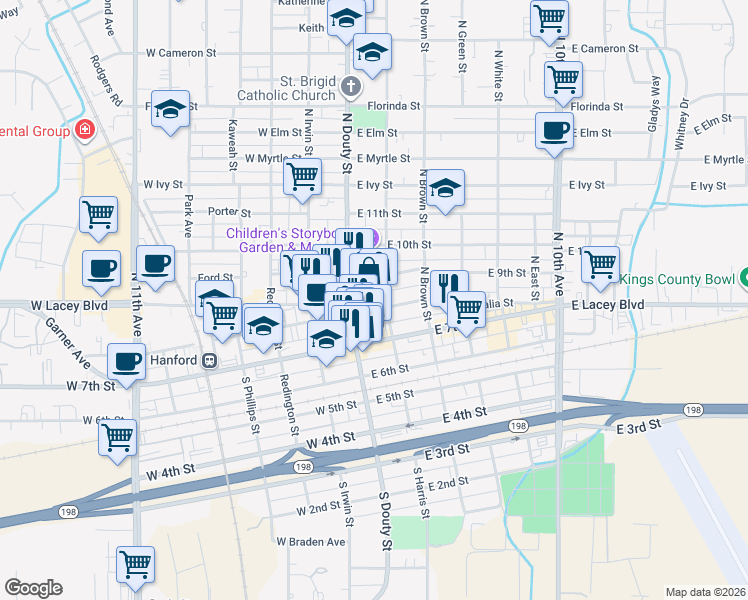map of restaurants, bars, coffee shops, grocery stores, and more near 310 North Harris Street in Hanford