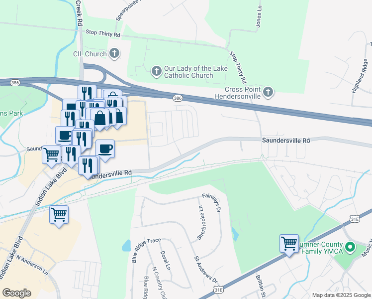 map of restaurants, bars, coffee shops, grocery stores, and more near 141 Saundersville Road in Hendersonville