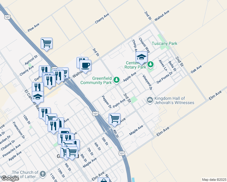 map of restaurants, bars, coffee shops, grocery stores, and more near 318 Wilson Circle in Greenfield