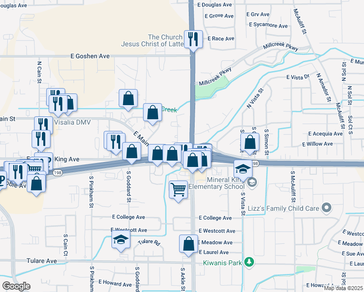 map of restaurants, bars, coffee shops, grocery stores, and more near 354-398 South Arkle Street in Visalia