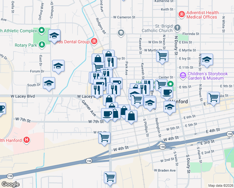 map of restaurants, bars, coffee shops, grocery stores, and more near 520 West Lacey Boulevard in Hanford
