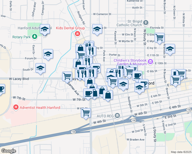 map of restaurants, bars, coffee shops, grocery stores, and more near 550 West Lacey Boulevard in Hanford