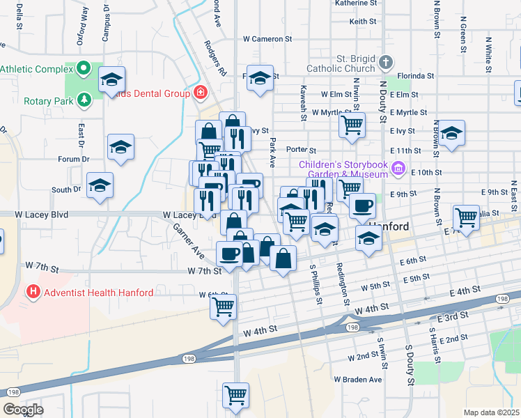 map of restaurants, bars, coffee shops, grocery stores, and more near 520 West Lacey Boulevard in Hanford
