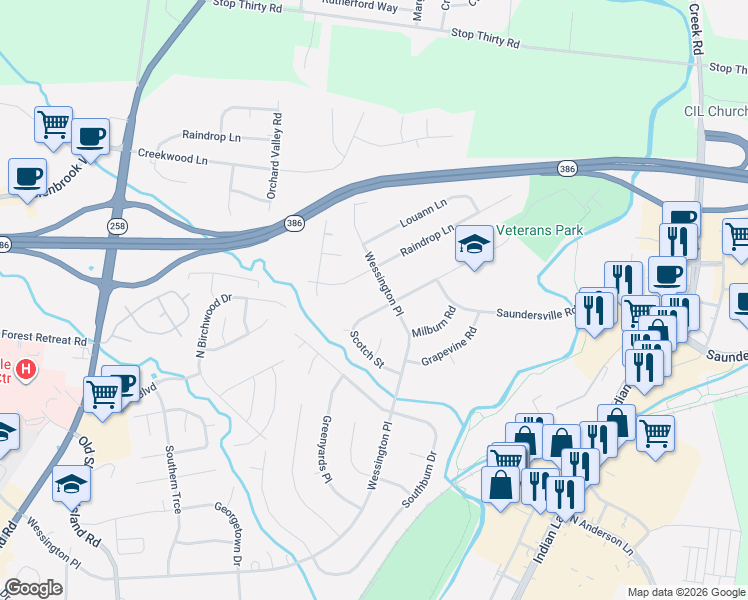 map of restaurants, bars, coffee shops, grocery stores, and more near 211 Wessington Place in Hendersonville