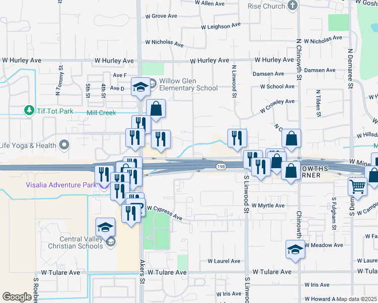 map of restaurants, bars, coffee shops, grocery stores, and more near 230 South Hilton Court in Visalia