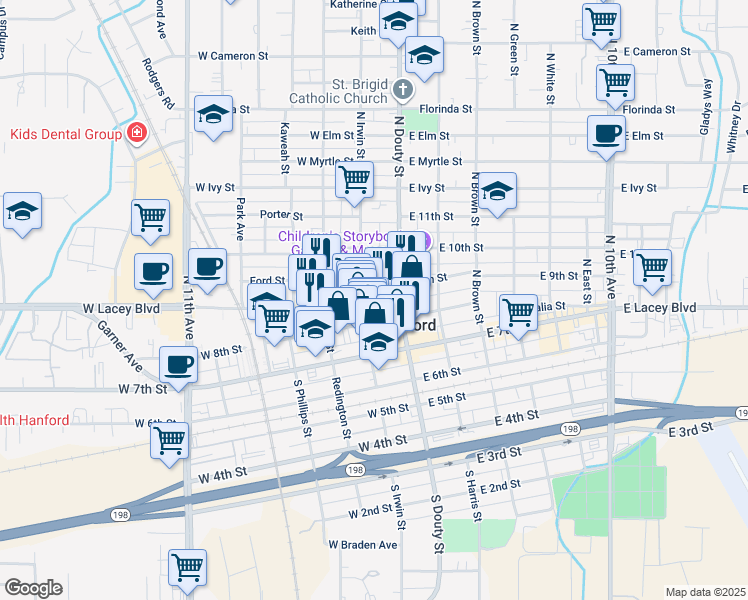 map of restaurants, bars, coffee shops, grocery stores, and more near 324 North Irwin Street in Hanford