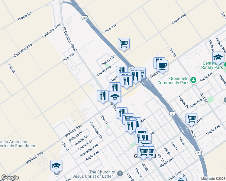 map of restaurants, bars, coffee shops, grocery stores, and more near 535 De Leon Drive in Greenfield