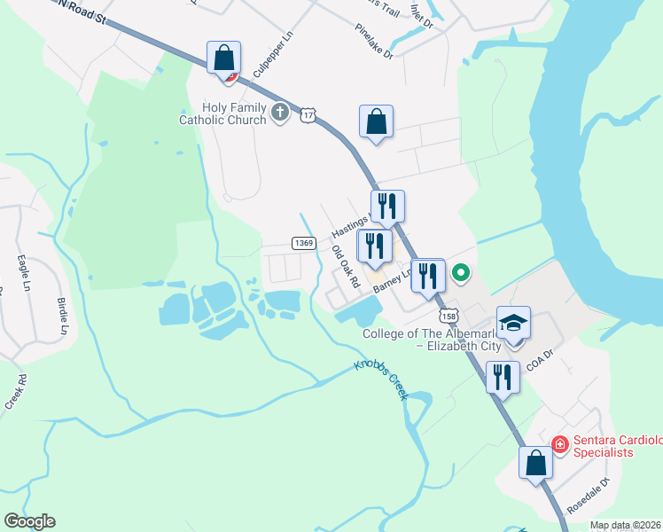 map of restaurants, bars, coffee shops, grocery stores, and more near 105 Oakwood Lane in Elizabeth City