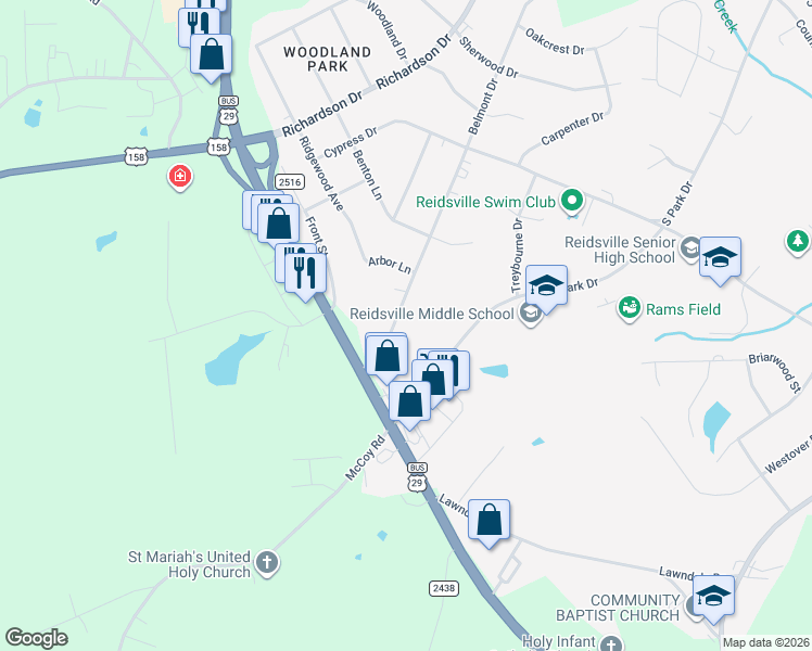 map of restaurants, bars, coffee shops, grocery stores, and more near 2309 Belmont Drive in Reidsville