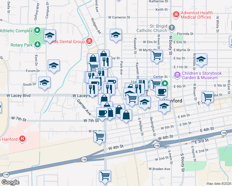 map of restaurants, bars, coffee shops, grocery stores, and more near 520 West Lacey Boulevard in Hanford