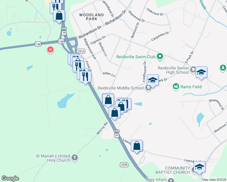 map of restaurants, bars, coffee shops, grocery stores, and more near 2309 Belmont Drive in Reidsville