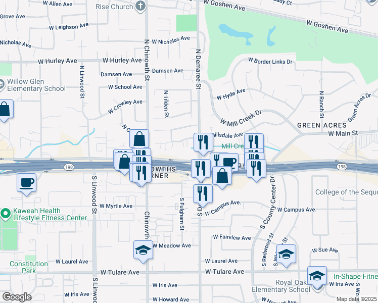 map of restaurants, bars, coffee shops, grocery stores, and more near 3746 West Mineral King Avenue in Visalia