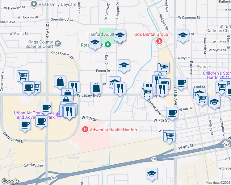 map of restaurants, bars, coffee shops, grocery stores, and more near 1144 West Lacey Boulevard in Hanford