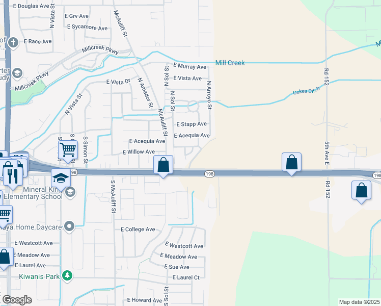 map of restaurants, bars, coffee shops, grocery stores, and more near Burrel Drive in Visalia