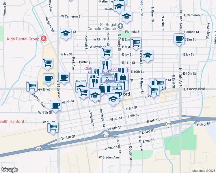 map of restaurants, bars, coffee shops, grocery stores, and more near 324 North Irwin Street in Hanford