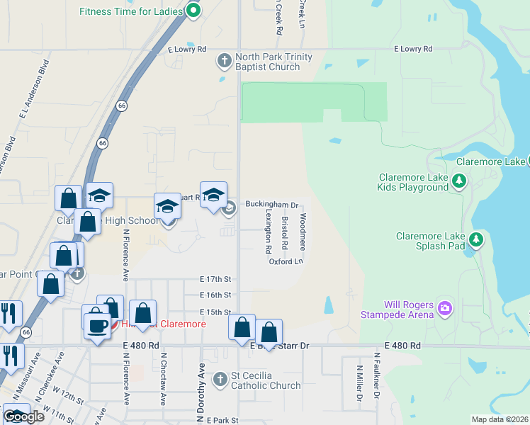 map of restaurants, bars, coffee shops, grocery stores, and more near 1930 Lexington Road in Claremore