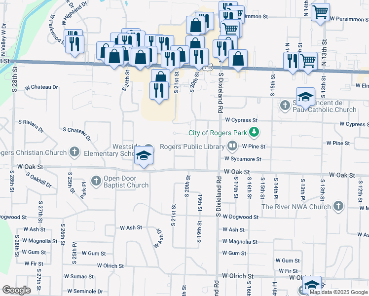 map of restaurants, bars, coffee shops, grocery stores, and more near 2008 West Pine Street in Rogers