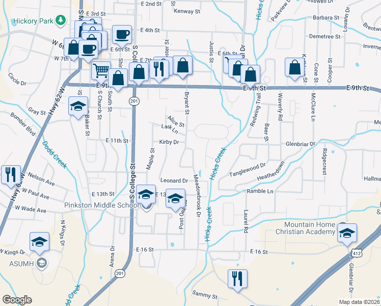 map of restaurants, bars, coffee shops, grocery stores, and more near 1104 Meadowbrook Dr in Mountain Home