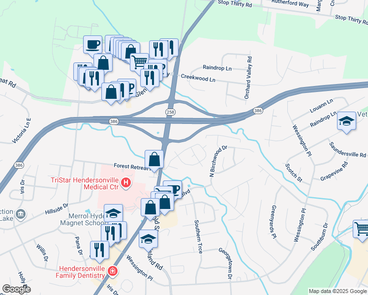 map of restaurants, bars, coffee shops, grocery stores, and more near 123 Sumner Meadows Lane in Hendersonville