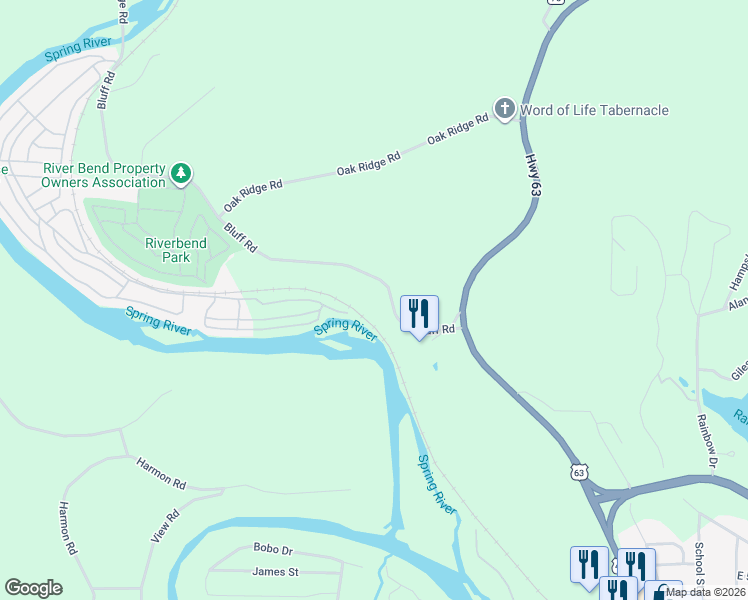 map of restaurants, bars, coffee shops, grocery stores, and more near 49 Bluff Rd in Hardy
