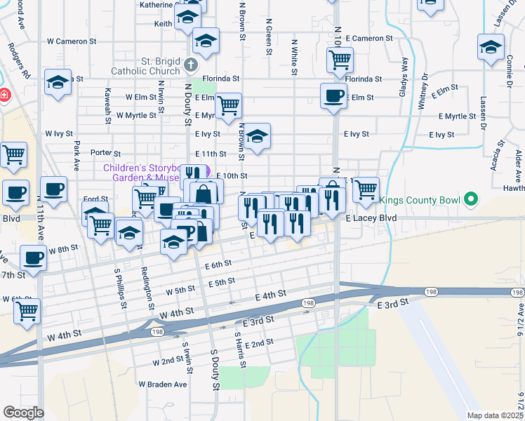 map of restaurants, bars, coffee shops, grocery stores, and more near 230 North Green Street in Hanford