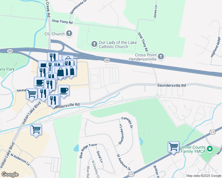 map of restaurants, bars, coffee shops, grocery stores, and more near 131 Saundersville Road in Hendersonville