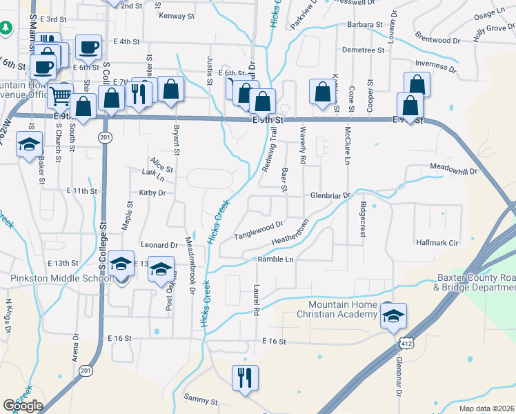 map of restaurants, bars, coffee shops, grocery stores, and more near 1105 County Road 1175 in Mountain Home