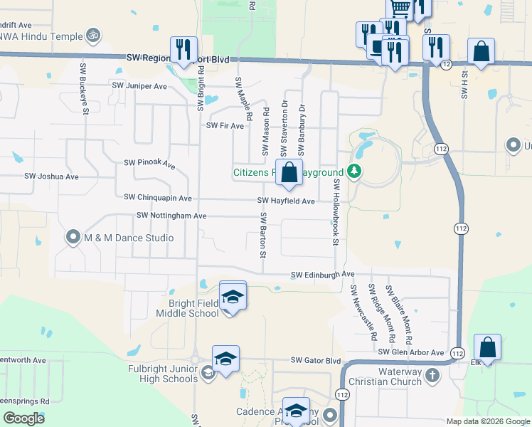 map of restaurants, bars, coffee shops, grocery stores, and more near 1700 Southwest Montrose Avenue in Bentonville