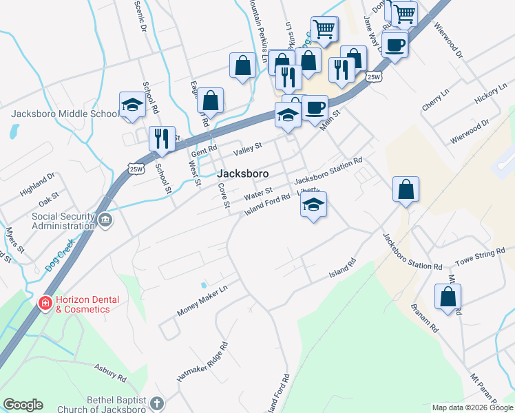 map of restaurants, bars, coffee shops, grocery stores, and more near 175 Water Street in Jacksboro