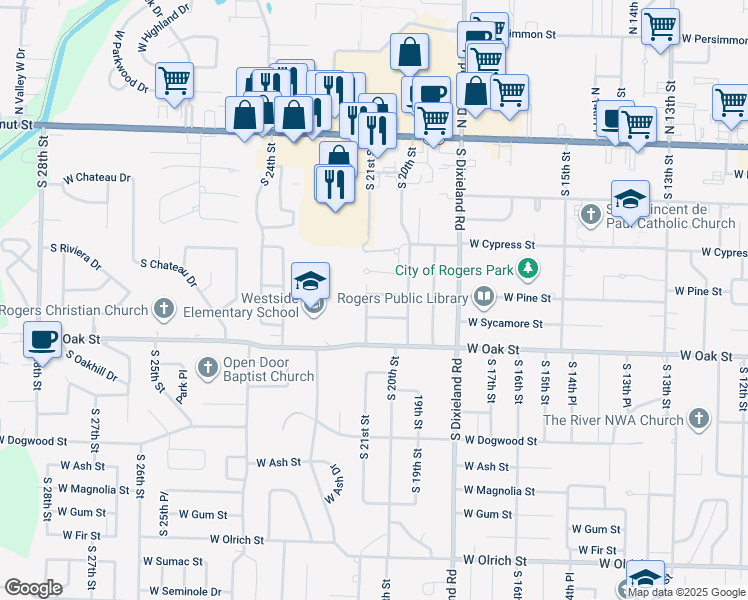 map of restaurants, bars, coffee shops, grocery stores, and more near 2008 West Pine Street in Rogers