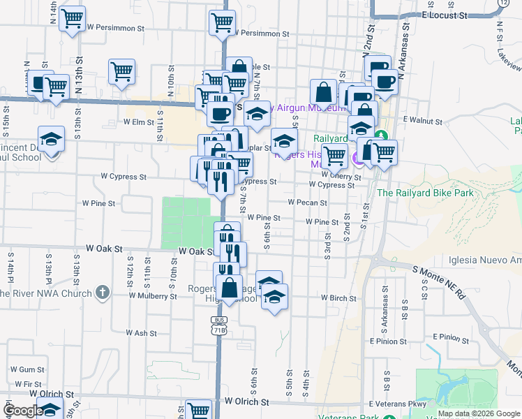 map of restaurants, bars, coffee shops, grocery stores, and more near 612 South 6th Street in Rogers