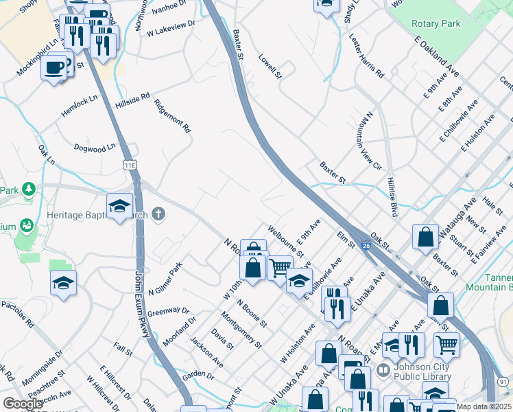 map of restaurants, bars, coffee shops, grocery stores, and more near 221 East 10th Avenue in Johnson City
