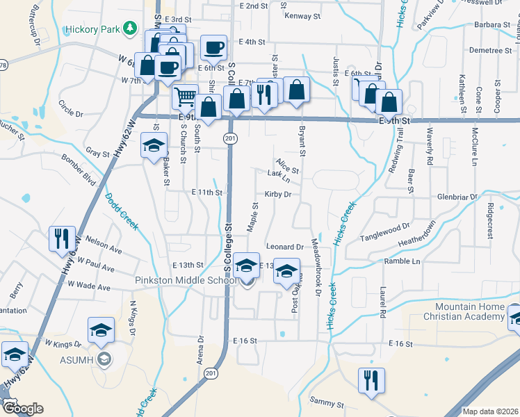 map of restaurants, bars, coffee shops, grocery stores, and more near 1113 Maple Street in Mountain Home