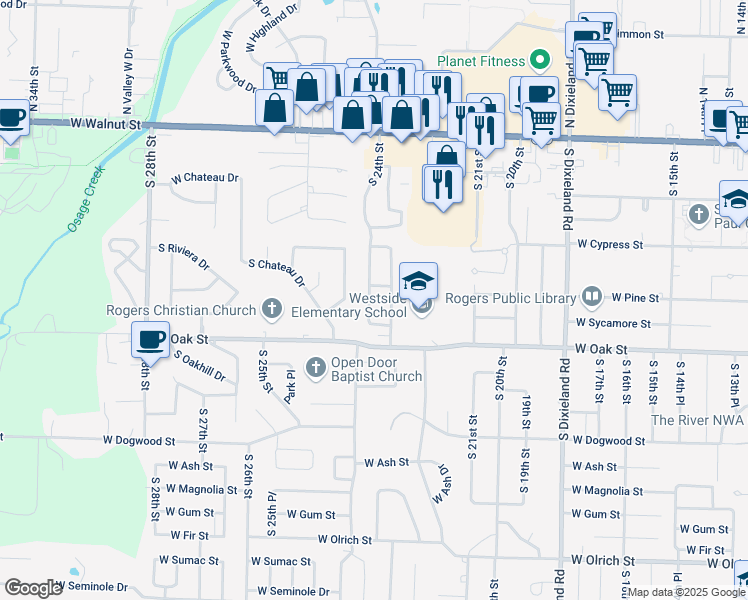map of restaurants, bars, coffee shops, grocery stores, and more near 815 South 24th Street in Rogers
