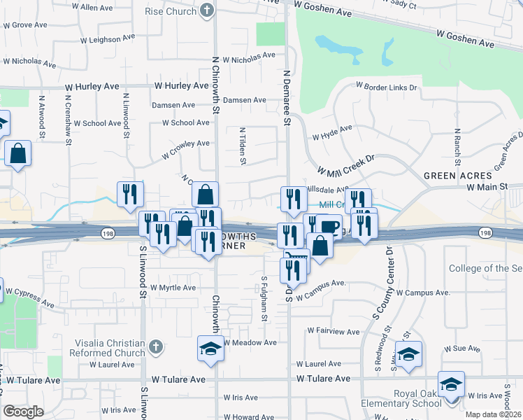 map of restaurants, bars, coffee shops, grocery stores, and more near 3905 West Hillsdale Court in Visalia