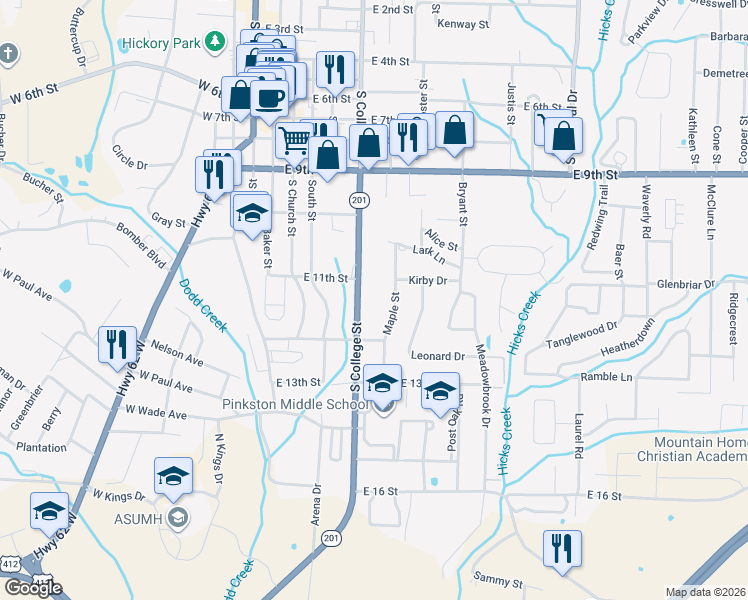 map of restaurants, bars, coffee shops, grocery stores, and more near 1121 South College Street in Mountain Home