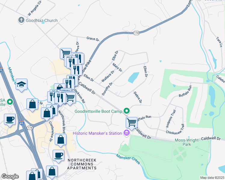map of restaurants, bars, coffee shops, grocery stores, and more near 402 Ellen Drive in Goodlettsville