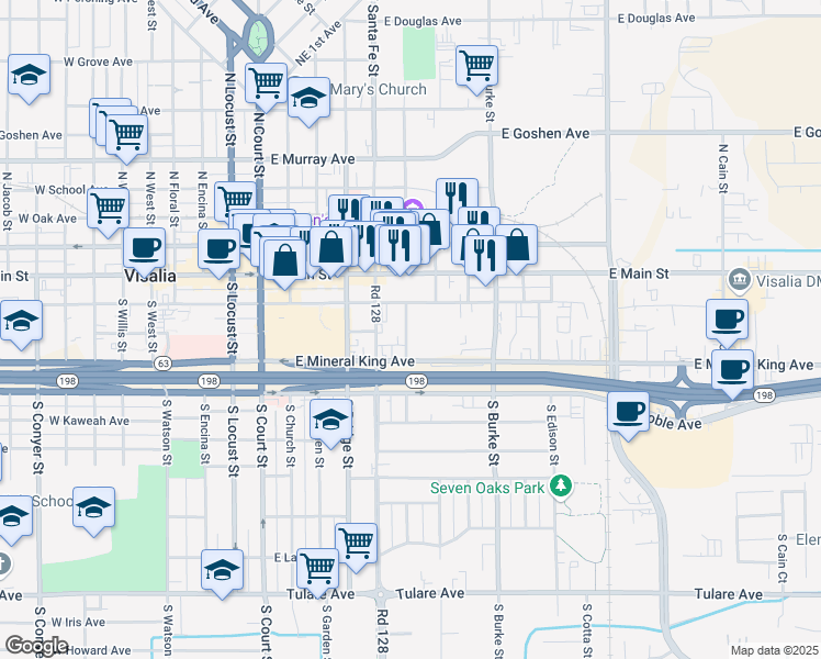 map of restaurants, bars, coffee shops, grocery stores, and more near 621 East Acequia Avenue in Visalia