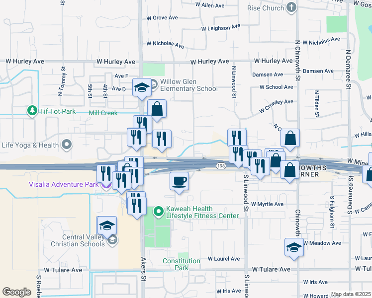 map of restaurants, bars, coffee shops, grocery stores, and more near 230 South Hilton Court in Visalia