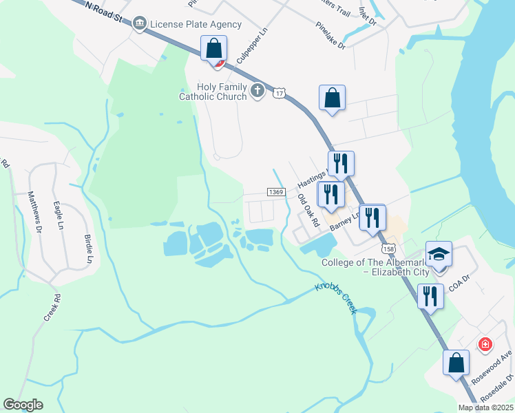 map of restaurants, bars, coffee shops, grocery stores, and more near 102 Mimosa Lane in Elizabeth City