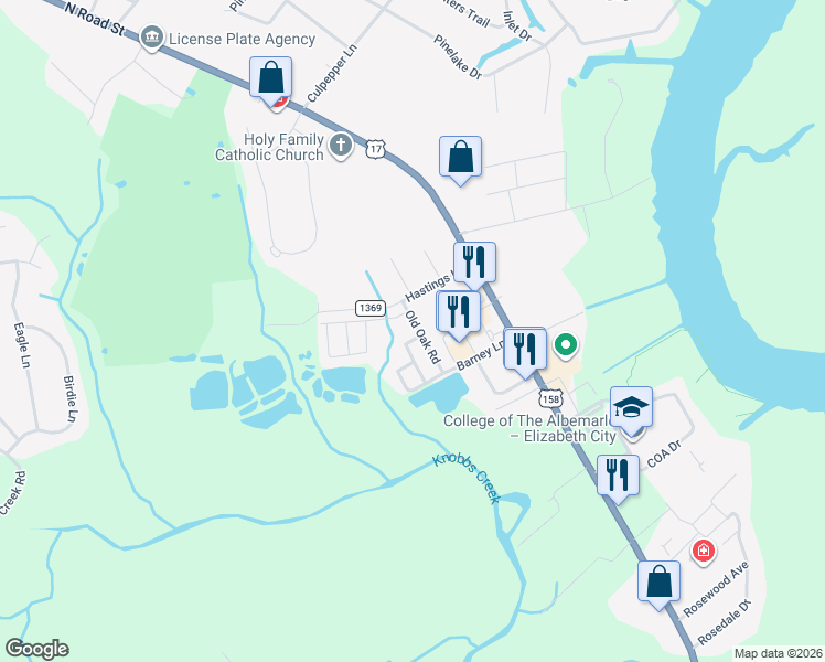 map of restaurants, bars, coffee shops, grocery stores, and more near 114 Old Oak Road in Elizabeth City