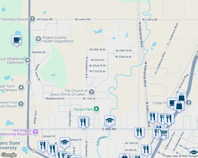 map of restaurants, bars, coffee shops, grocery stores, and more near 1903 North Chambers Terrace in Claremore